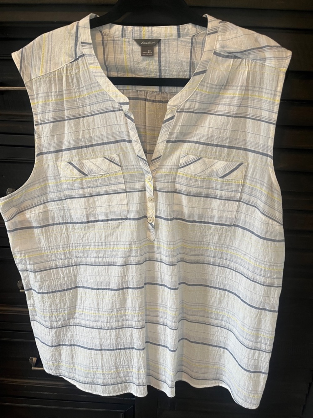 Eddie Bauer Striped V-Neck Women’s Top - White with Blue & Yellow Stripes